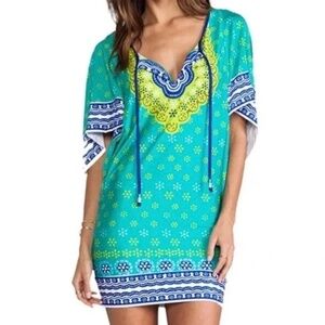 Trina Turk Seychelles Tunic Mini Dress Swim Cover Up Green Blue Beads on Ties
